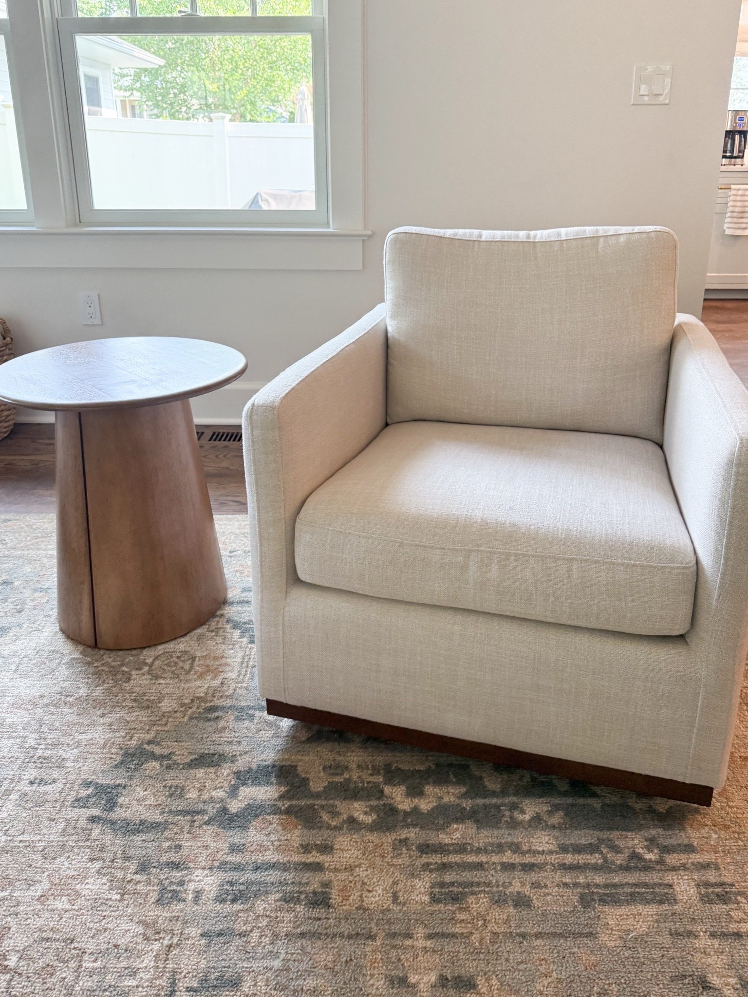 A good swivel chair can completely change how a living room functions. This one has a clean, tailored shape with a neutral fabric that works with so many different styles, plus the swivel base makes it perfect for an open living space.

swivel chair, living room chair, accent chair, neutral accent chair, upholstered chair, living room furniture, neutral home decor, cozy living room, home furniture, girlonthehudson

#LTKSeasonal #LTKHome #LTKOver40