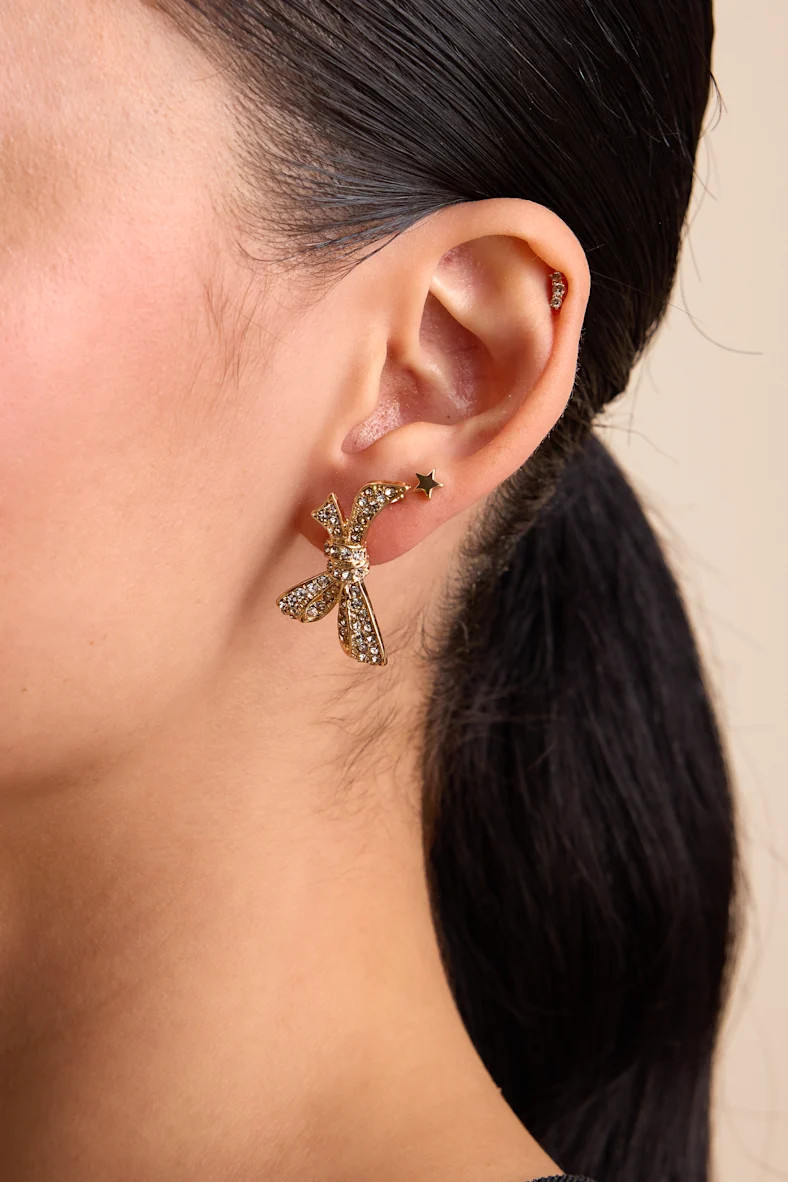 Mavienne Gold Rhinestone Bow Earrings | Lulus
