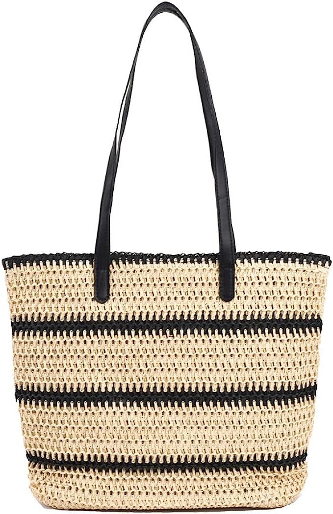 JQWSVE Straw Beach Bags Striped Tote for Women with Zipper Closure Soft Woven Straw Bag Summer St... | Amazon (US)