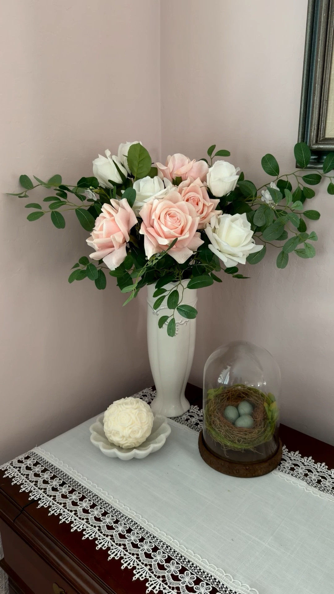 A spring moment in my dining room. It’s 90 degrees outside! If spring passed us by outside at least inside it’s blooming with faux roses, a beautiful candle and a pretty cloche. 🌹💐🕯️🪺

#LTKSeasonal #LTKHome