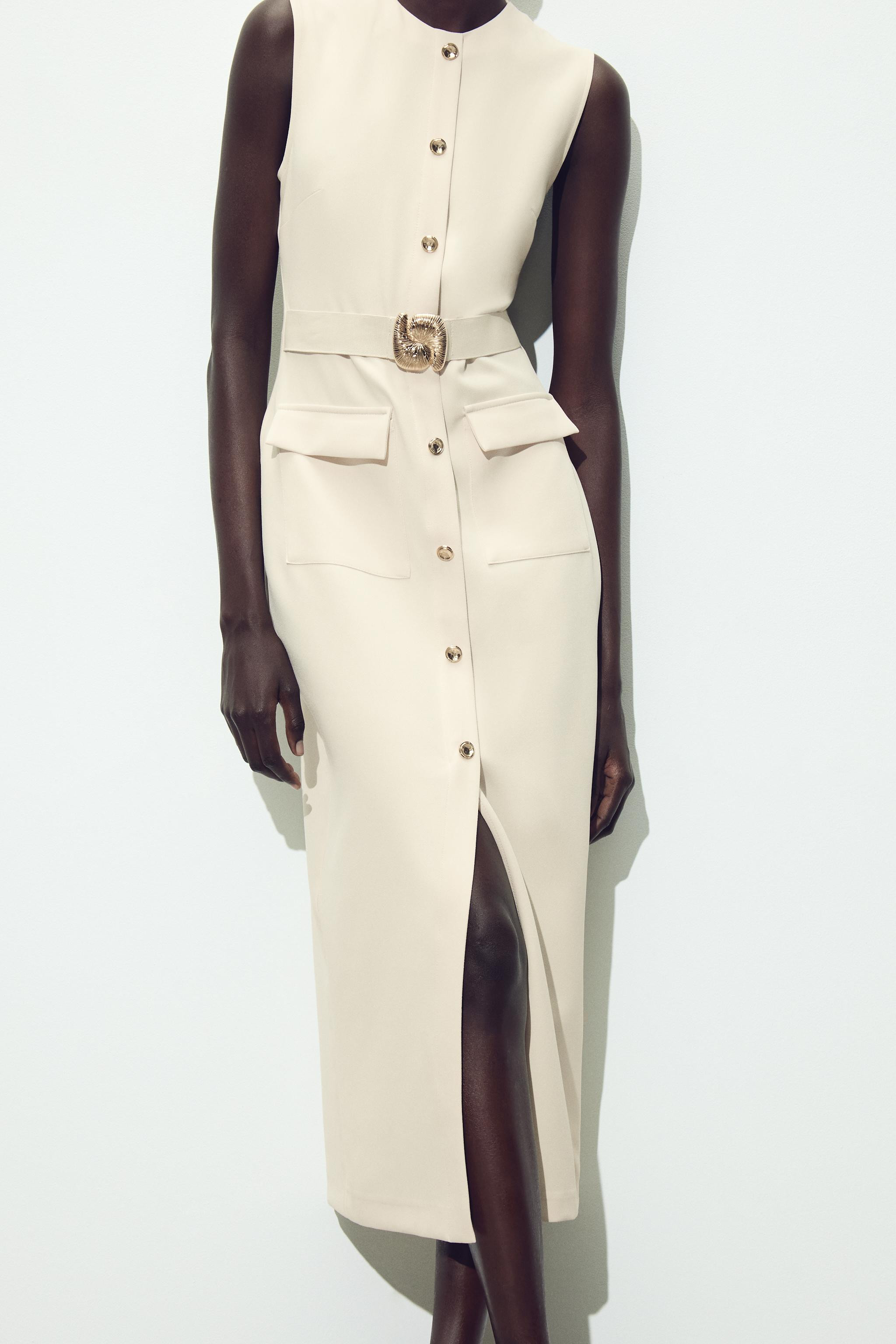 MIDI CREPE BELT DRESS Ecru Black Red | Zara UK