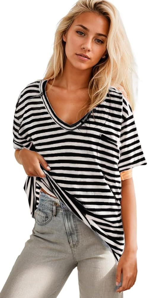 Women Y2k Oversized Striped Deep V Neck T-Shirt Short Sleeve Color Block Summer Casual Loose Tee ... | Amazon (US)