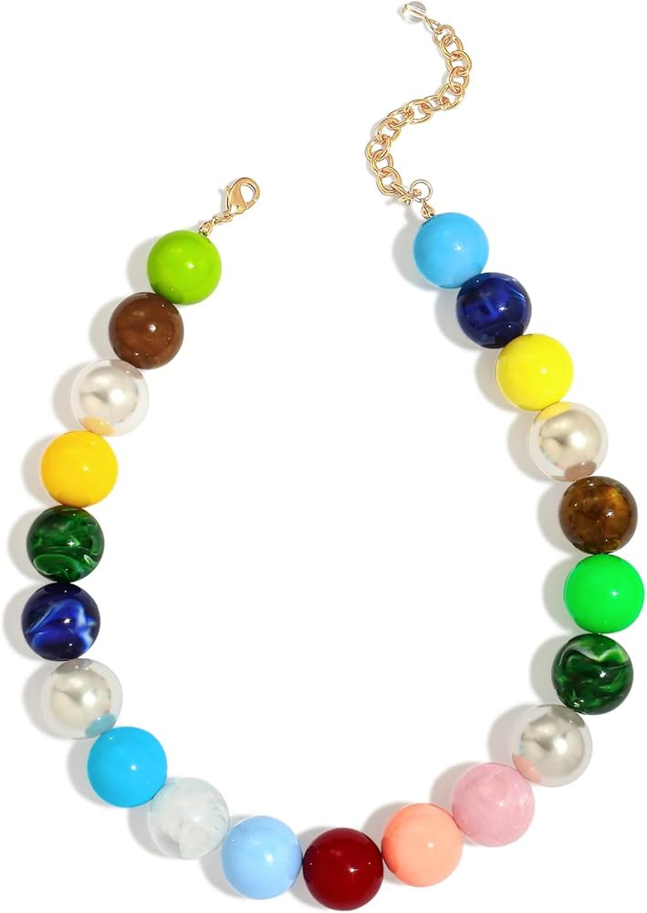 Amazon.com: FAUTHENTICUTE Colorful Beaded Necklace for Women Chunky Bead Choker Statement Necklac... | Amazon (US)