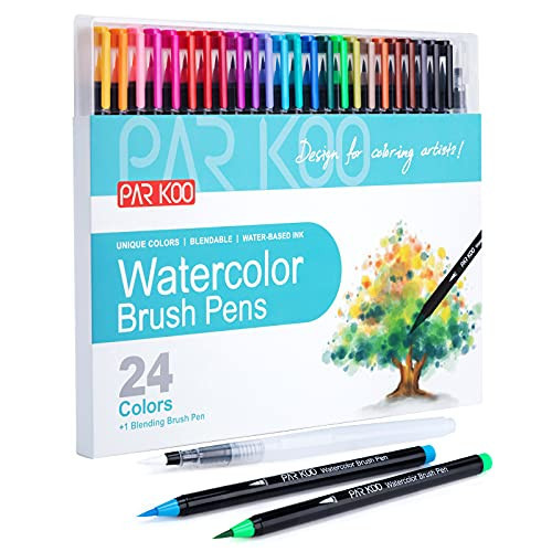 ParKoo Watercolor Brush Pens, 24 Colors Flexible Real Nylon Brush Tip Pens for Watercolor Painting, 1 Blending Brush, Paint Markers for Artists and Beginner Painters Coloring Books, Calligraphy | Amazon (US)
