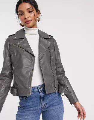 Barney's Originals colored leather biker jacket in gray | ASOS (Global)