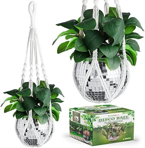 Disco Ball Planter with Macrame Cotton Rope Plant Hanger - 6 Inch - Elegant Mirrored Flower Pot with | Amazon (US)