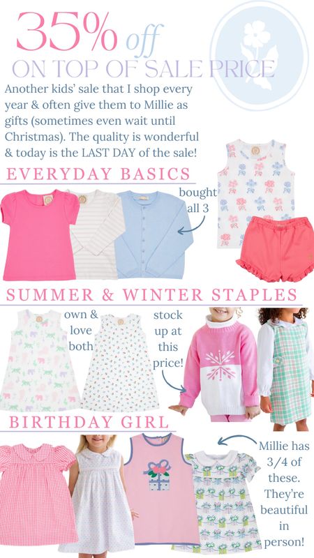 35% off on top of sale price with code STARSANDSTRIPES!! Prices starting as low as $12😳

I shop this girls clothing sale every year. They’re great pieces to hold on to and give as birthday or Christmas gifts. The quality is excellent. I find these pieces fit TTS. 

Classic children’s clothing, preppy style, sale alert, affordable kids clothing, tbbc, the Beaufort bonnet company 

#LTKSaleAlert #LTKFindsUnder50 #LTKKids