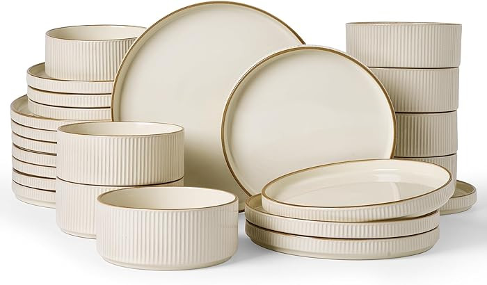 Famiware Star Dinnerware Set, Plates and Bowls Sets for 8 (24pcs), Ribbed Stoneware Dishes - Chip... | Amazon (US)