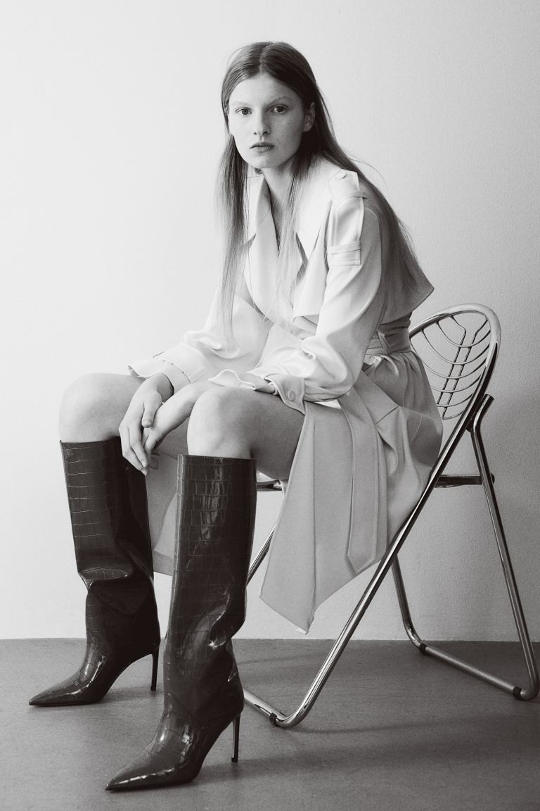 Knee-high heeled boots - Dark grey/Crocodile-patterned - Ladies | H&M GB | H&M (UK, MY, IN, SG, PH, TW, HK)