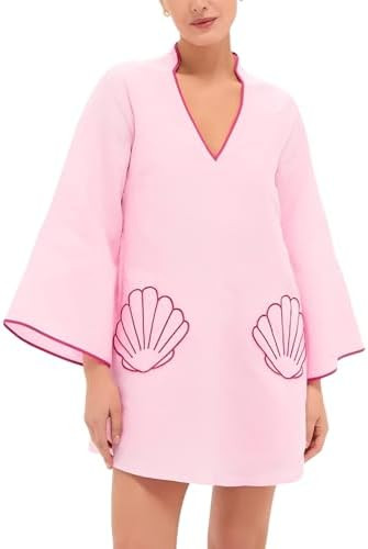 VAOYIU Women's Loose Fit V-Neck Shell Embroidery Mini Dress Casual 3/4 Sleeves Babydoll Skirts Su... | Amazon (US)