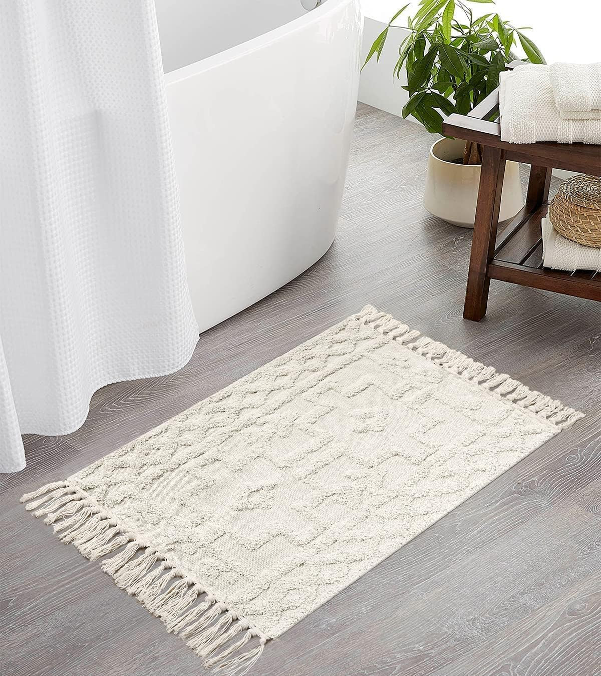 Uphome Boho Bathroom Runner Rug 2' x 4.3', Washable Woven Cotton Bedroom Rug Runners, Beige Aesth... | Amazon (CA)