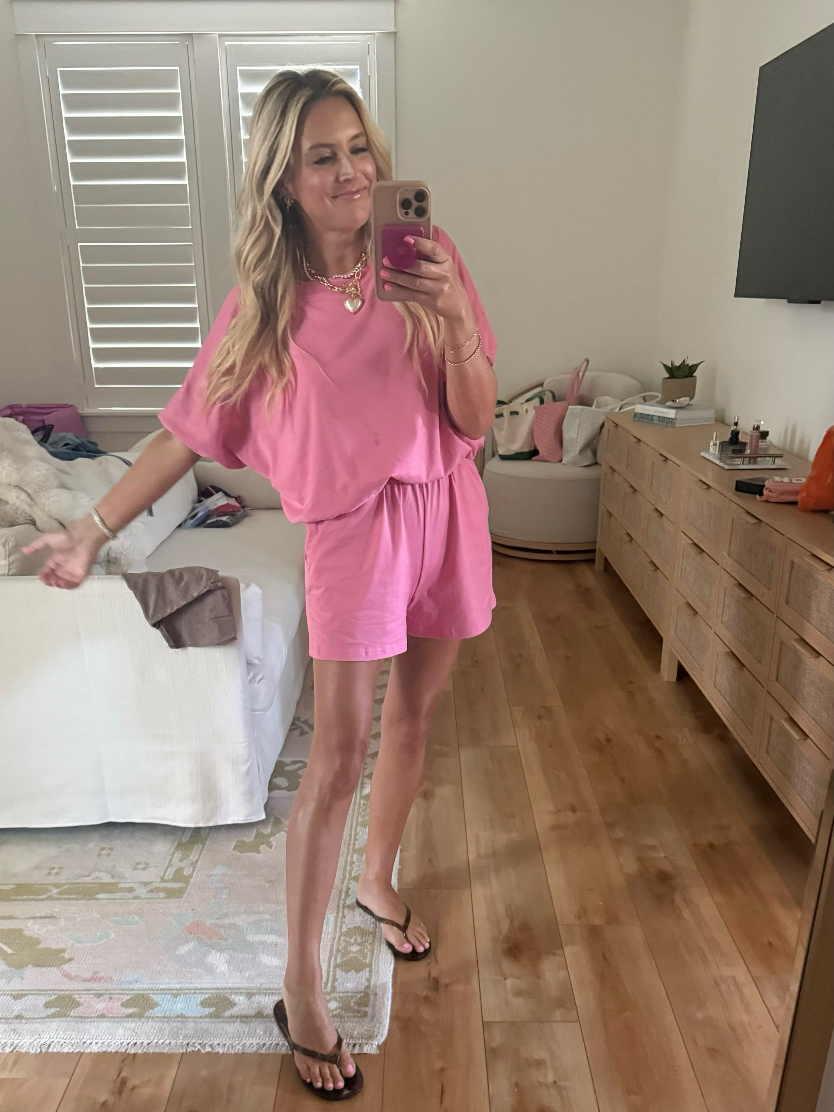 The cutest pink matching set for slow mornings, travel days and everything in between 💕 Comfy enough for lounging but still put together enough to wear out. Styled with simple flip-flops and layered gold jewelry.
 

 #LTKdayinmylife #LTKTravel