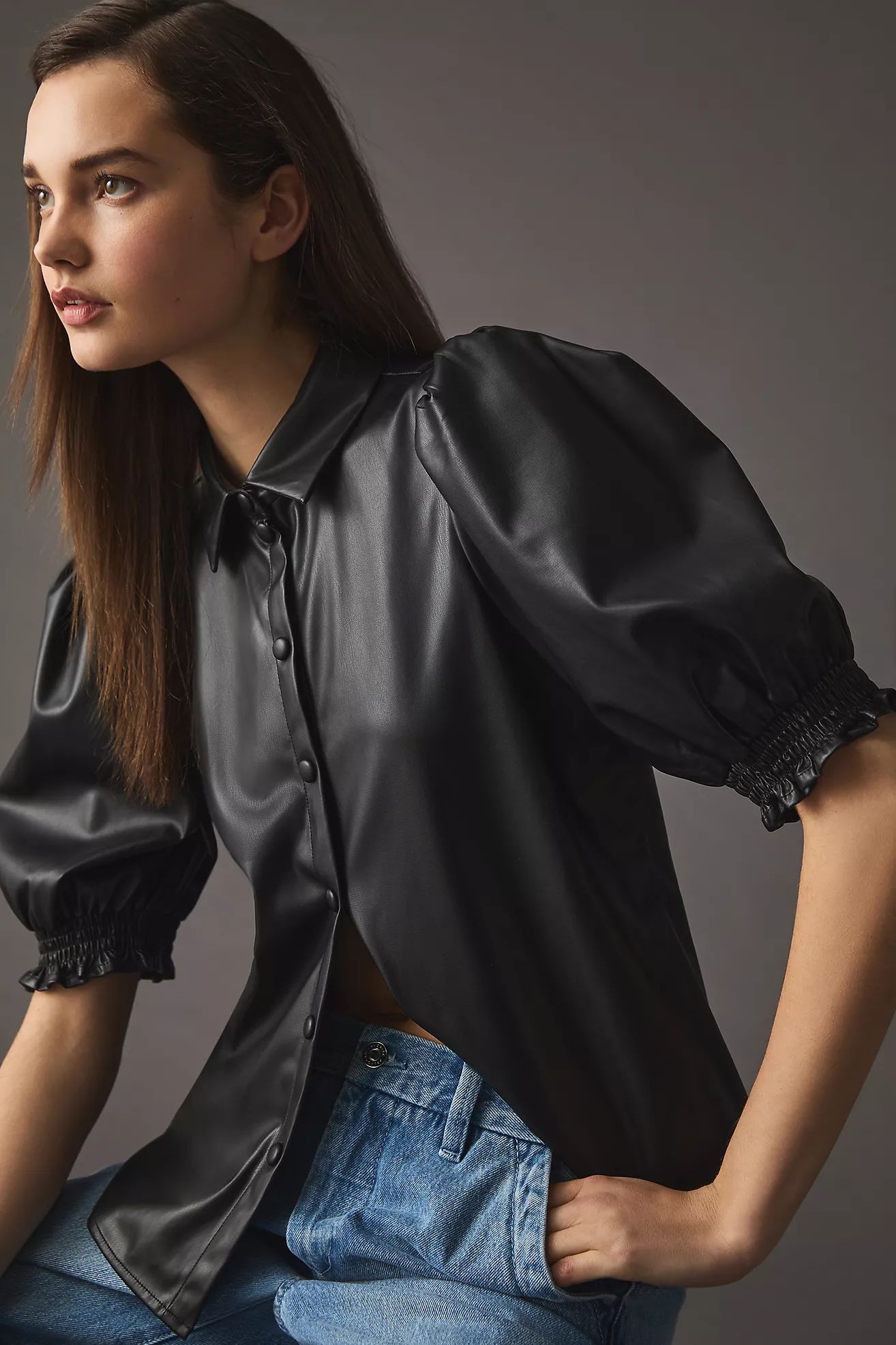 DOLAN Puff-Sleeve Faux Leather Blouse | Anthropologie (US)
