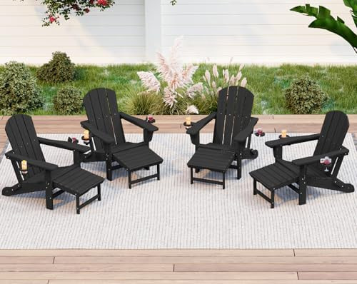 KINGYES Folding Adjustable Adirondack Chair with Ottoman & 2 Cup Holders Set of 4, HDPE Adirondac... | Amazon (US)