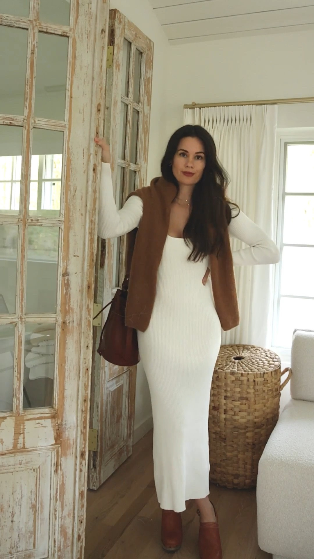 Neutral outfit inspiration ✨ a ribbed cream sweater dress layered with a soft camel vest and a classic leather tote. Minimalist fall style, chic winter outfit ideas, capsule wardrobe neutrals, elevated everyday looks, and modern feminine fashion. Perfect for cozy days at home, weekend outings, and anyone building a timeless, warm, polished wardrobe.

#LTKootd #LTKmorningroutine #LTKSeasonal