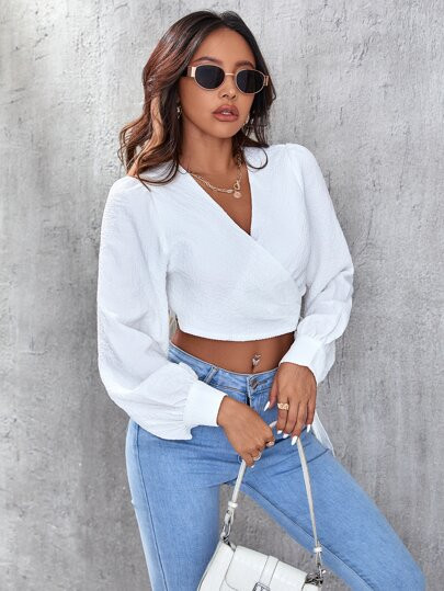Bishop Sleeve Wrap Knot Side Crop Blouse | SHEIN