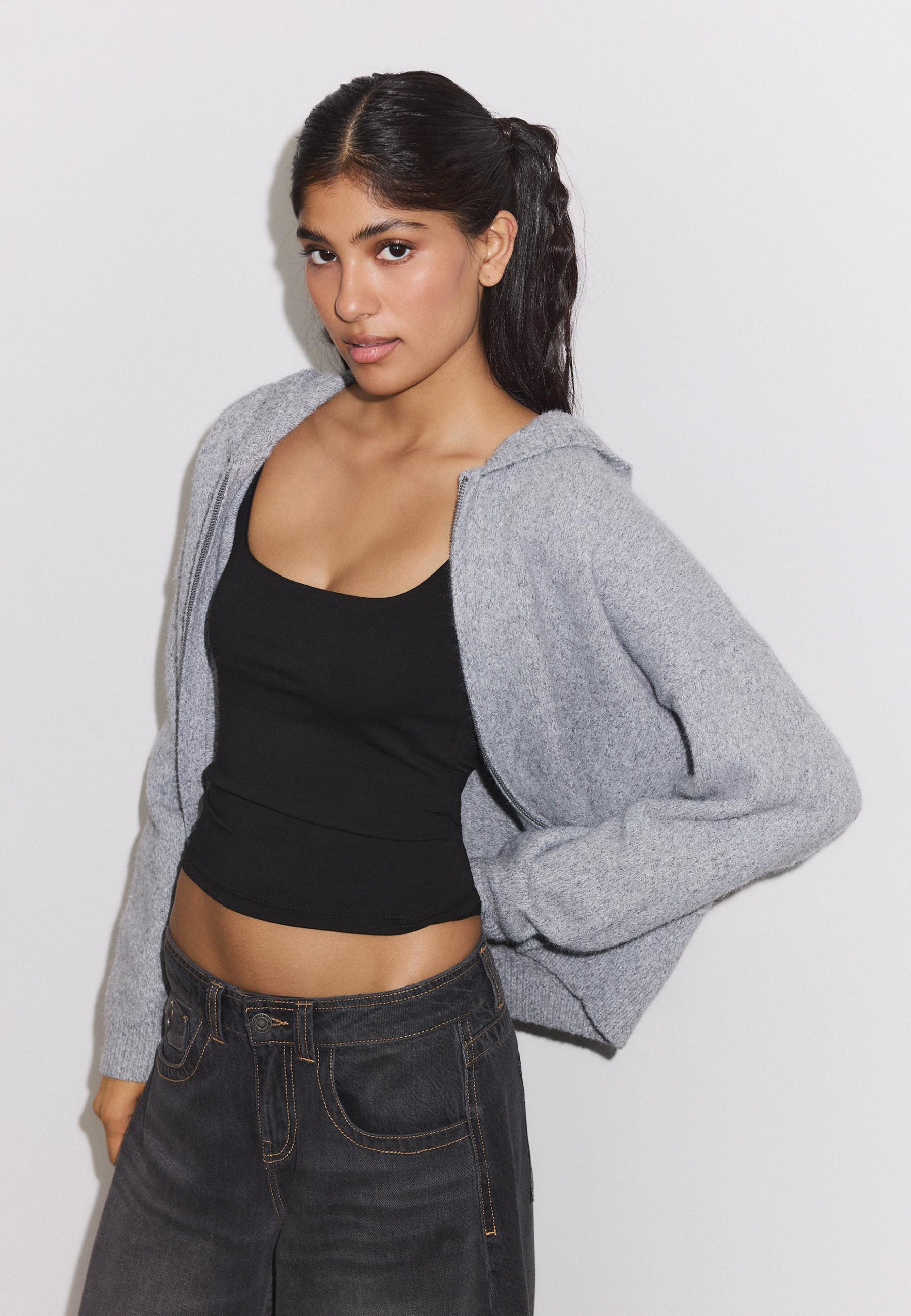 Stradivarius Zipped hooded knit cardigan  Grey melange M | Stradivarius (UK)