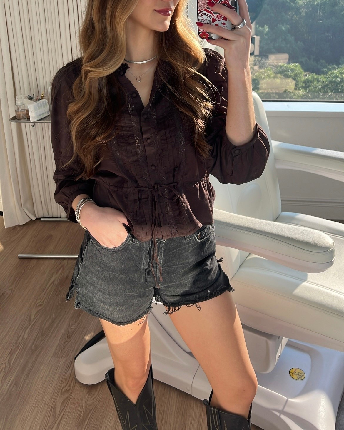 Work outfit 
Brown blouse - small
Black denim shorts - 27
Black cowboy boots - run true to size 

#LTKShoeCrush #LTKSeasonal #LTKWorkwear