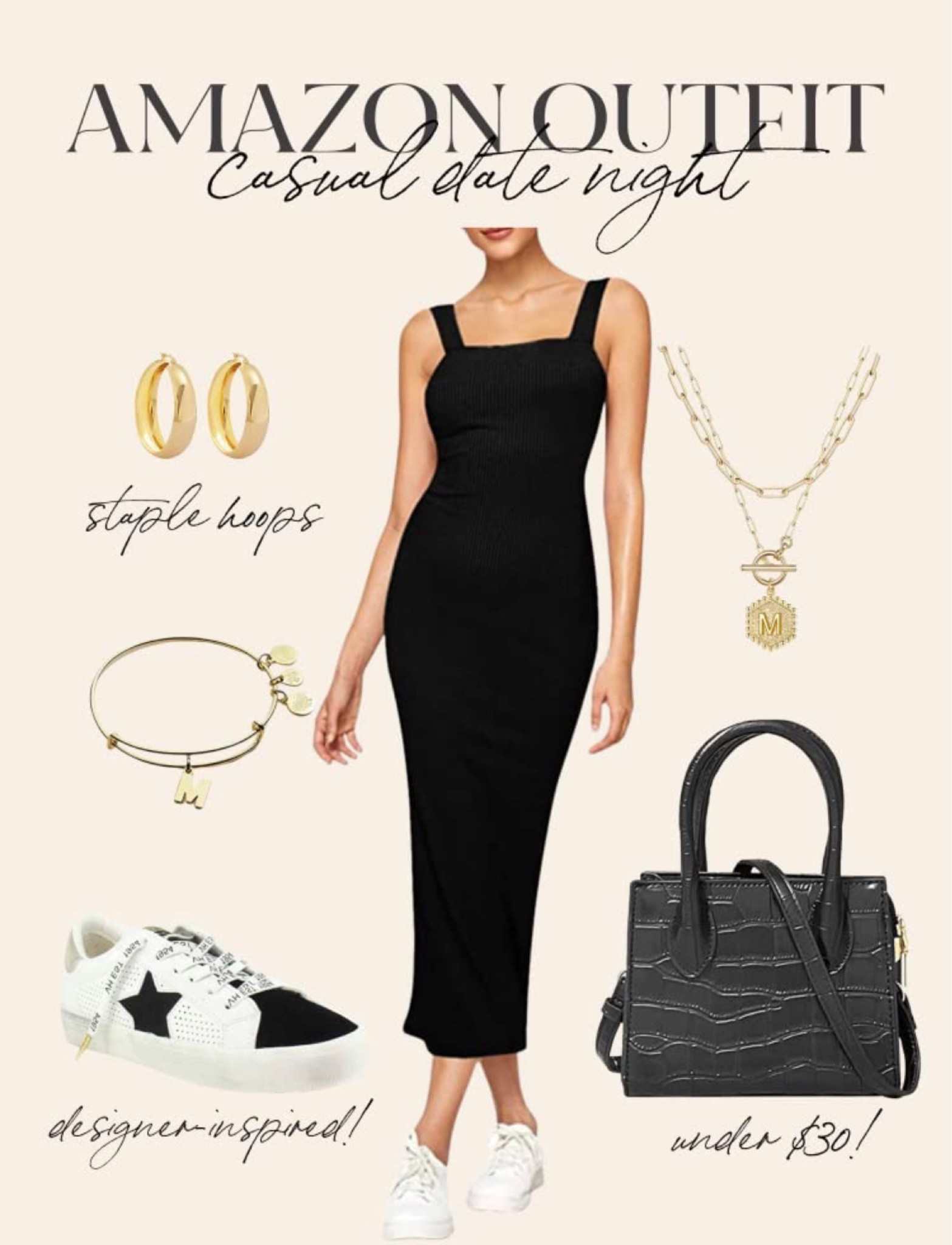 Amazon dress 
Gold goose look alike 
Casual date night 

#LTKshoecrush #LTKstyletip #LTKitbag