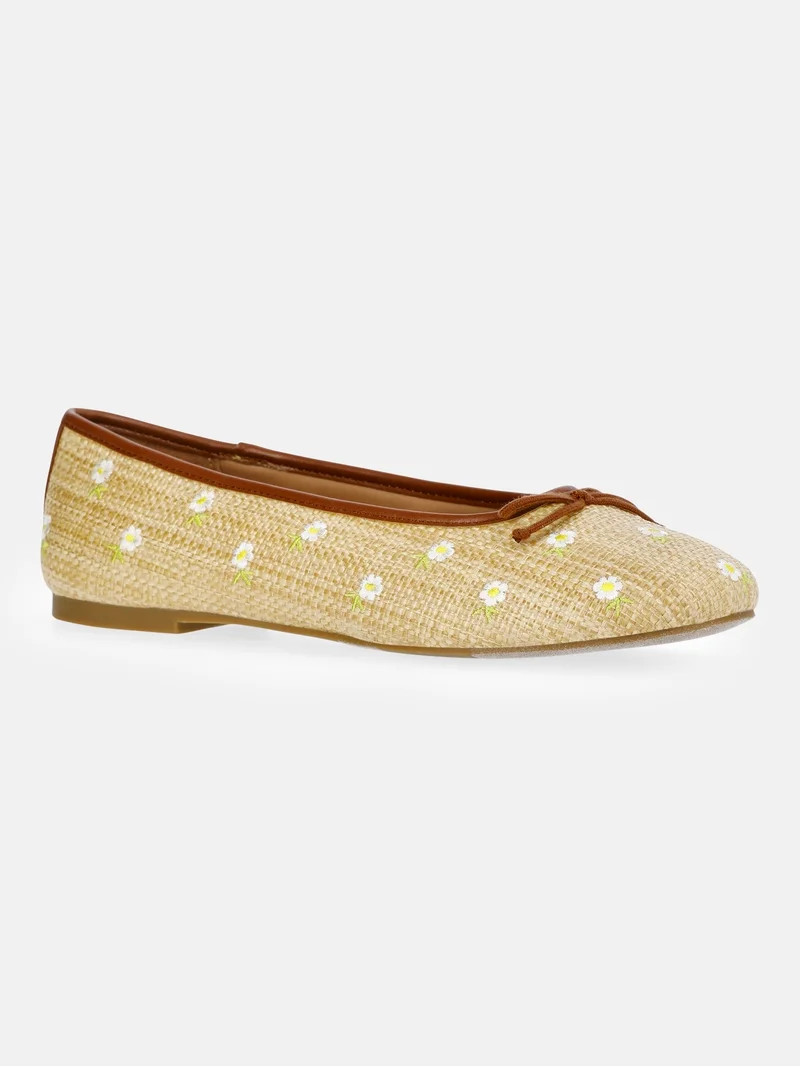 Free Assembly Women's Raffia Daisy Ballet Flats with Bow | Walmart (US)