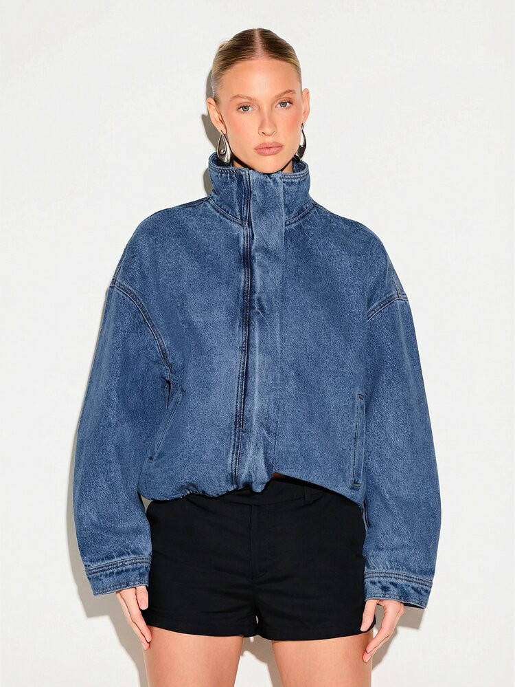 KIZN Oversized Denim Bomber Jacket With Funnel Neck Stand Collar And Cropped Hem | SHEIN