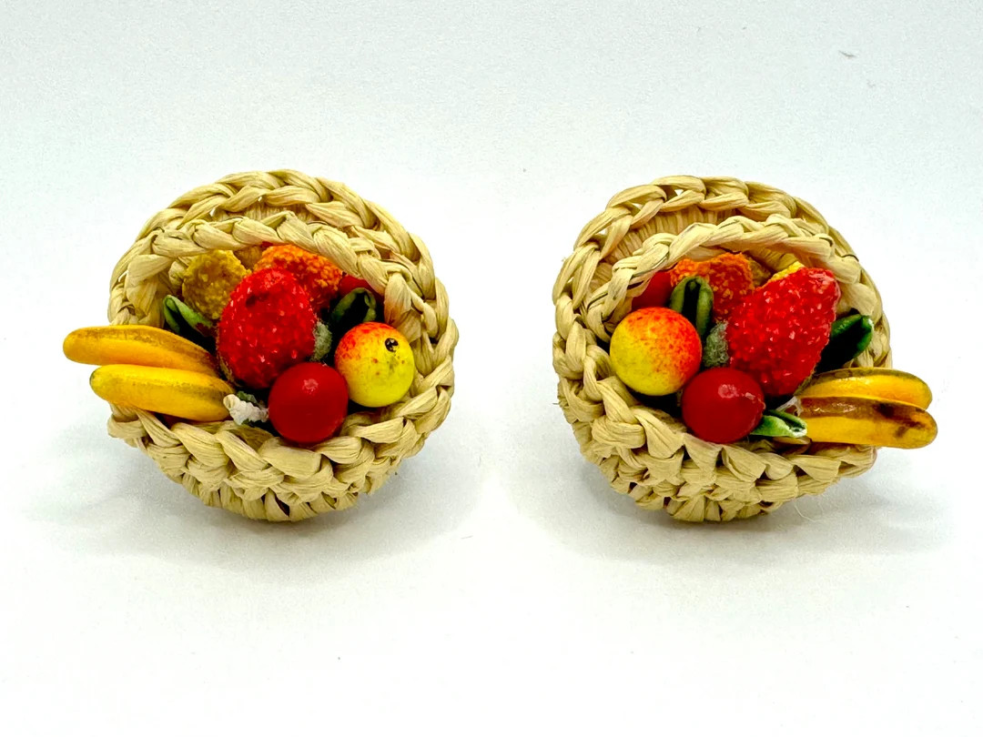 Vtg West Western Germany Composition Fruit Salad Woven Basket Clip On Earrings | Etsy (US)