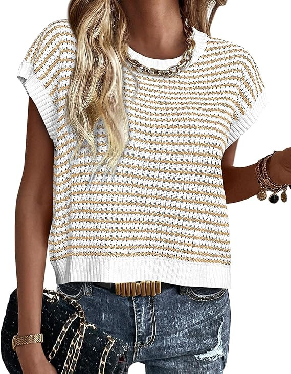 PRETTYGARDEN Womens Short Sleeve Sweater Spring Summer 2026 Round Neck Striped Pullover Cap Sleev... | Amazon (US)