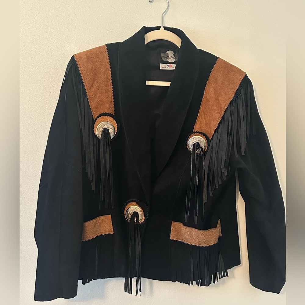 Vintage Phoenix Fringe Suede Jacket Black and Brown Pig Split Large Rodeo | Poshmark
