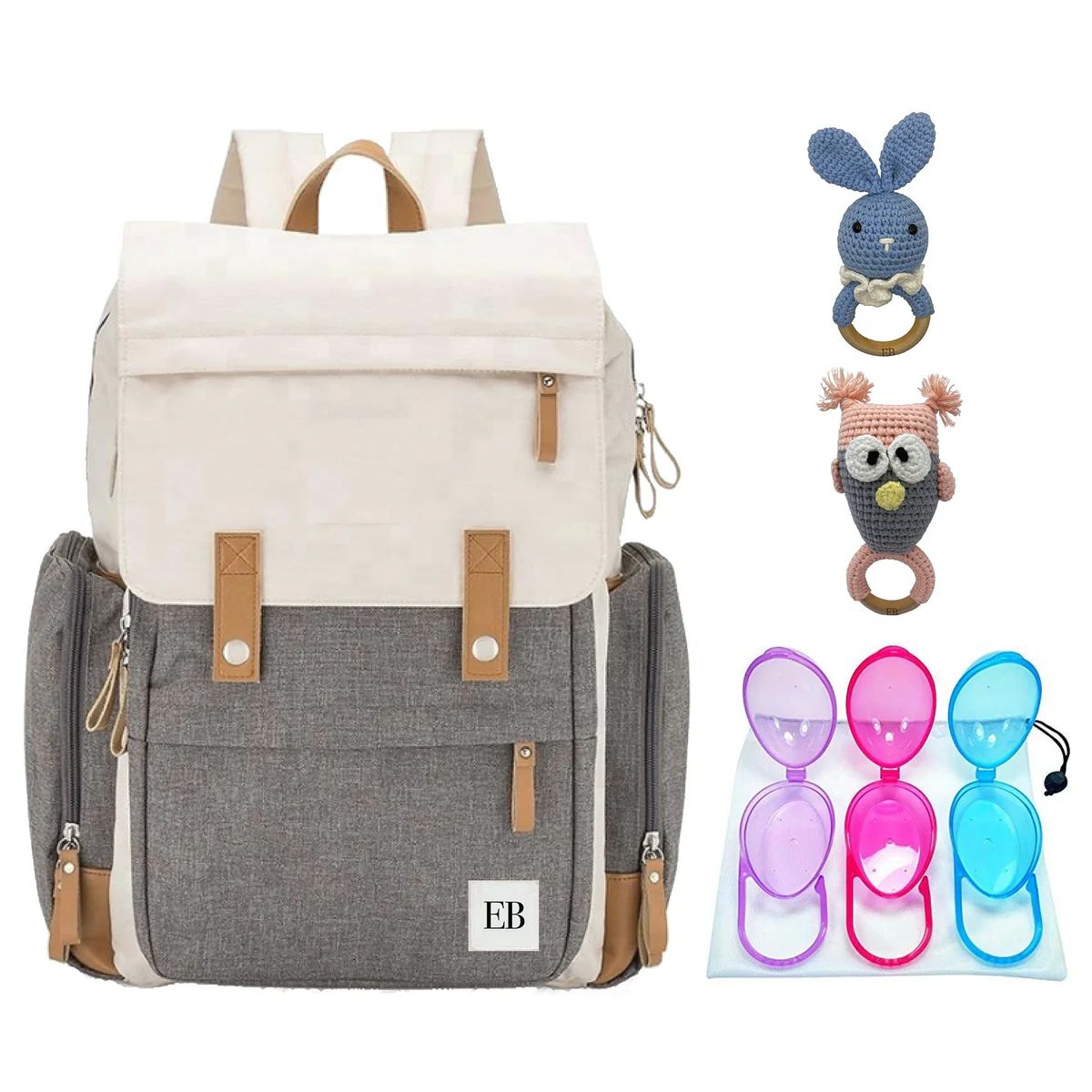 Baby Diaper Bag Backpack | Pacifier Holder Case | 2 Baby Teether Rattle Combo | EliteBaby