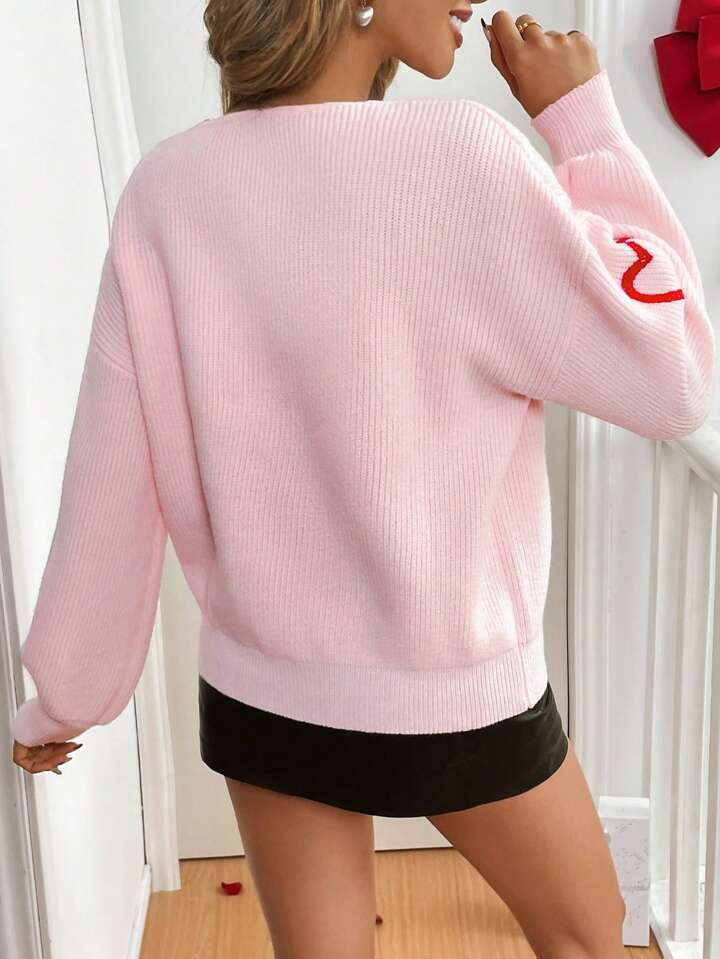 SHEIN Frenchy Women's V-Neck Long Sleeve Heart Graphic Embroidery Casual Minimalist Sweater,All O... | SHEIN