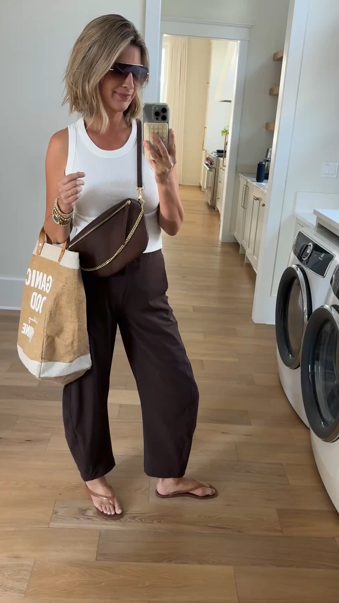 I am 5’11” wearing 4 tall in these elastic waist pants. I shared a save option too!  Small tank. Sandals true to size.

#LTKootd #LTKTall #LTKOver40