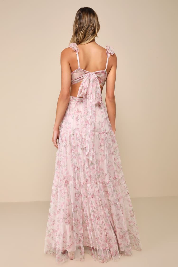 Ethereal Love Blush Floral Pleated Tiered Tie-Back Maxi Dress | Lulus