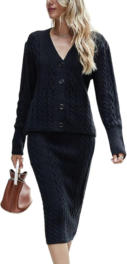 ELFTOWN Women's Fall Winter 2 Piece Outfits Button Down V Neck Cable Knit Sweater Sets Midi Long ... | Amazon (US)