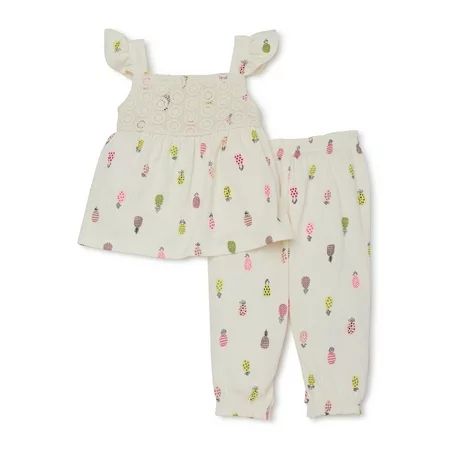 Wonder Nation Baby Girl Knit Gauze Babydoll Pinapple Top & Pants, 2-Piece Outfit Set | Walmart (US)