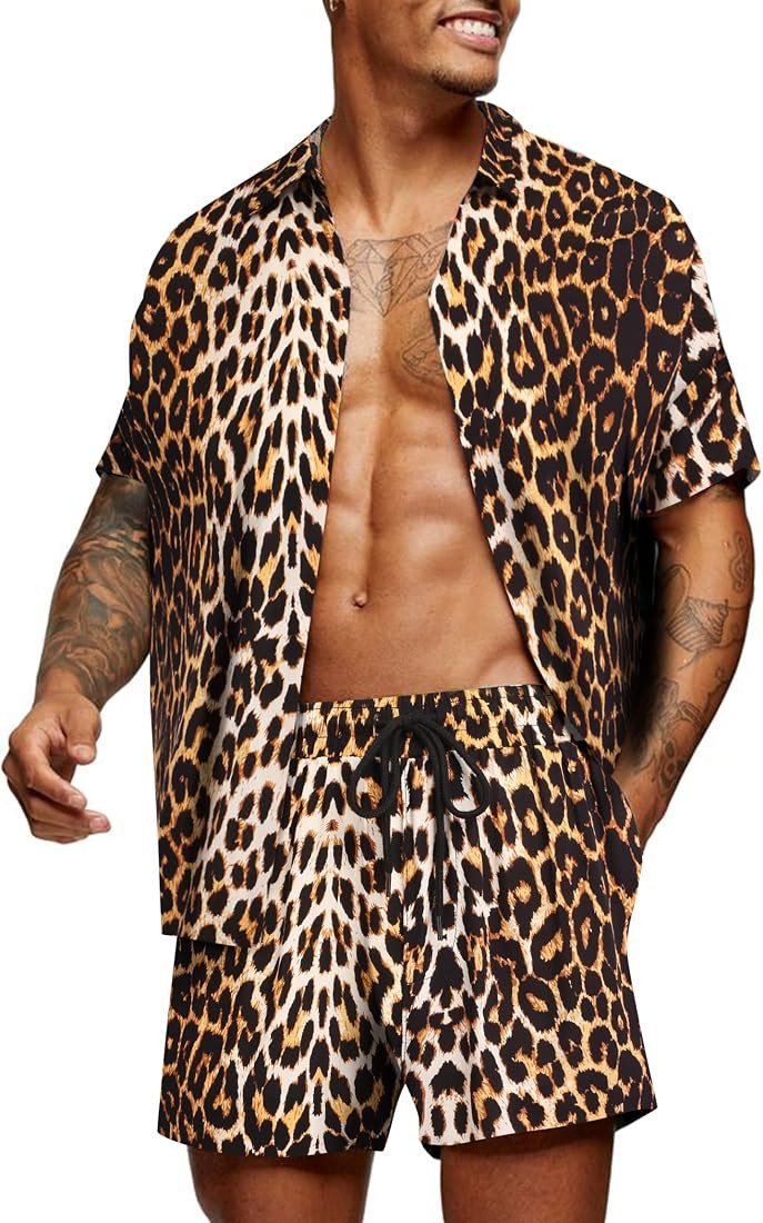 COOFANDY Men's Hawaiian Matching Set Summer Beach 2 Piece Outfits Flower Shirts and Shorts | Amazon (US)