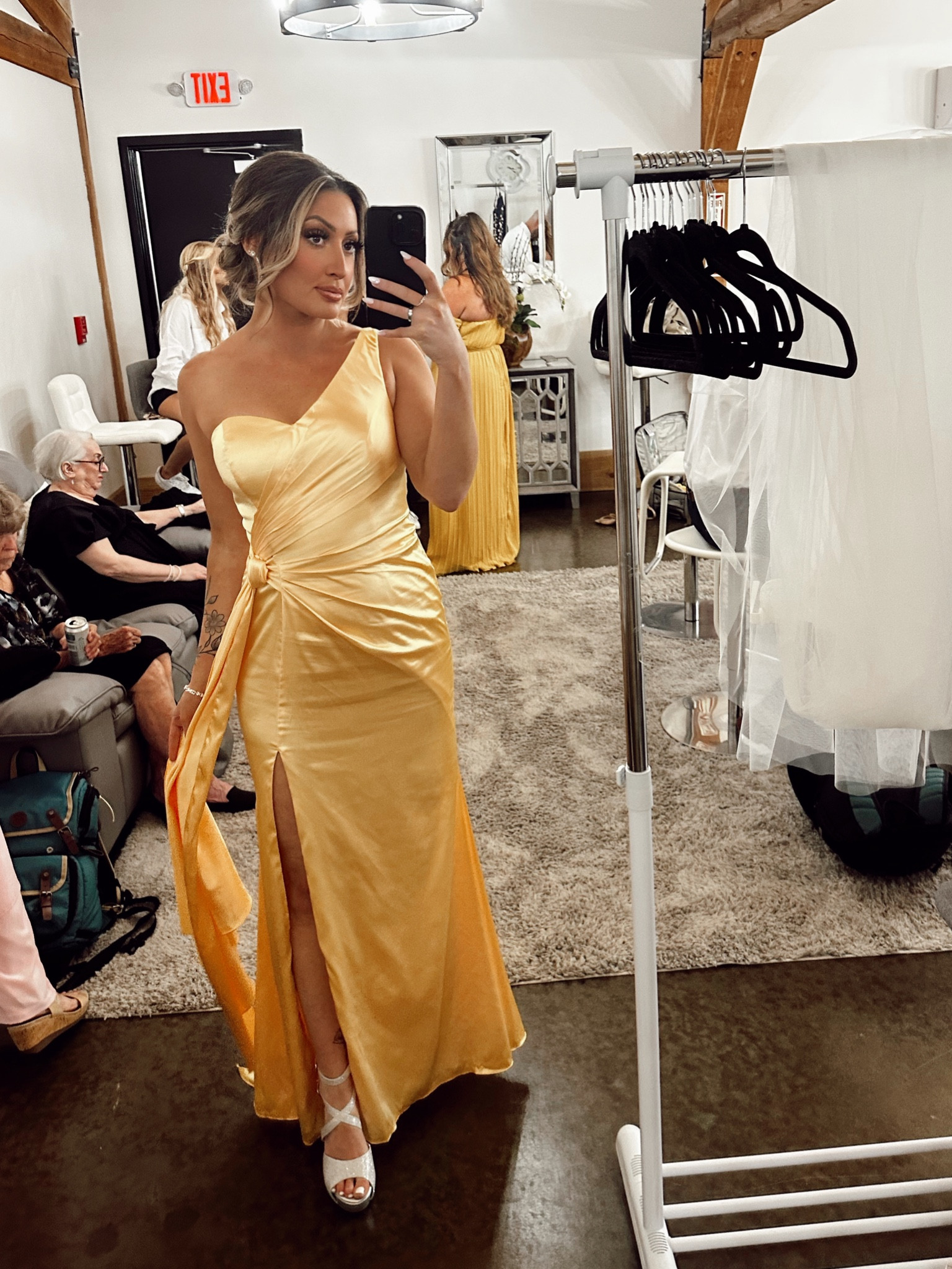 Yellow bridesmaid dress, gold bridesmaid dress, bridesmaid look, silver heels 

#LTKwedding