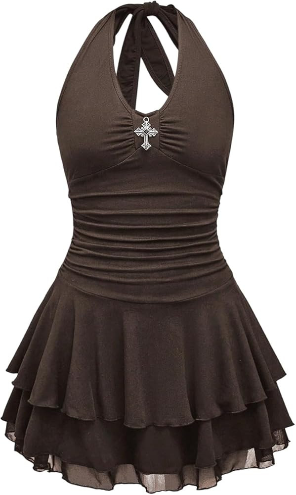 Milumia Women's Punk Tie Backless Halter Dress Y2k Ruched Layered Ruffle Hem Mini Dresses | Amazon (US)