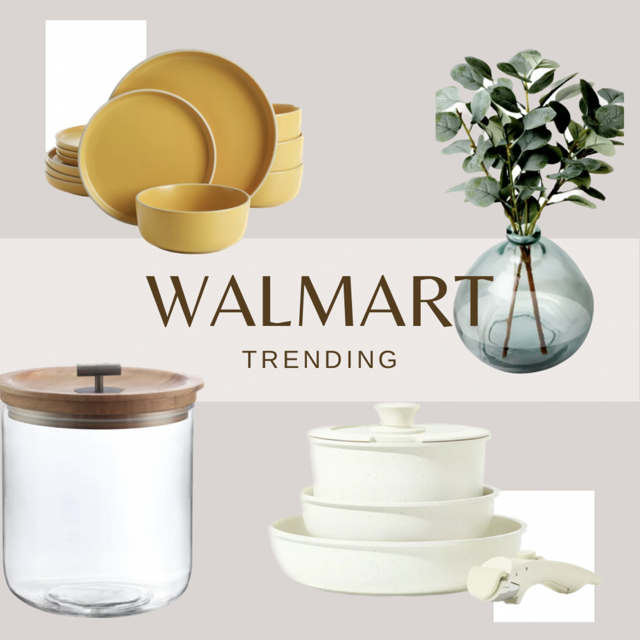 Trending in home finds at Walmart 🤩 


Better Homes & Gardens 12"
Artificial Eucalyptus Plant in Glass
Vase, Green // Better Homes & Gardens, Cactus Throw Pillow, Neutral, Square, 20" x 20", 1 Piece //  Gibson Home Everyday Essential
Yellow Dinnerware Set, 12-Piece Set // Carote Nonstick Cookware Sets with Detachable Handle, 5 Pcs Granite Non Stick Pots and Pans Set with Removable Handle Cookware // Mainstays Contemporary 4 Piece
Kitchen Towel Set, Gray // Better Homes & Gardens Clear Glass
Ice Bucket with Silver Stainless Steel
Tongs 

#LTKfamily #LTKunder100 #LTKhome