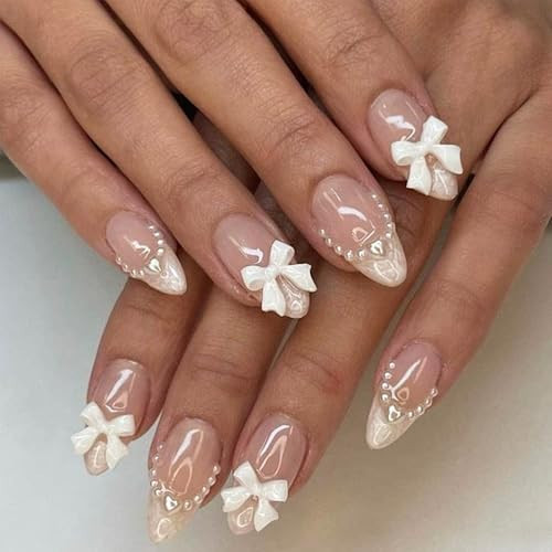 24pcs Almond Shaped Artificial Nails - French Tips with Cute Bow Charms Design - Nude Pink Acrylic Nails for Women & Girls | Amazon (US)