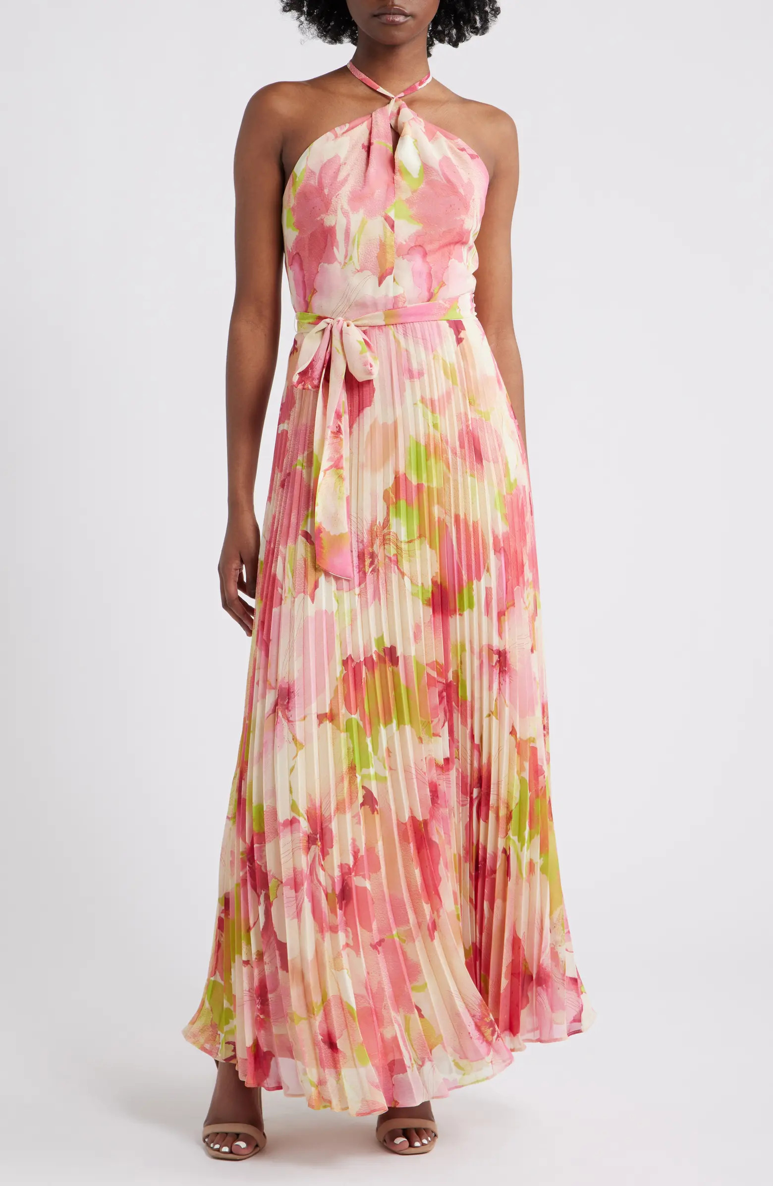 Floral Pleated Chiffon Halter Dress | Nordstrom