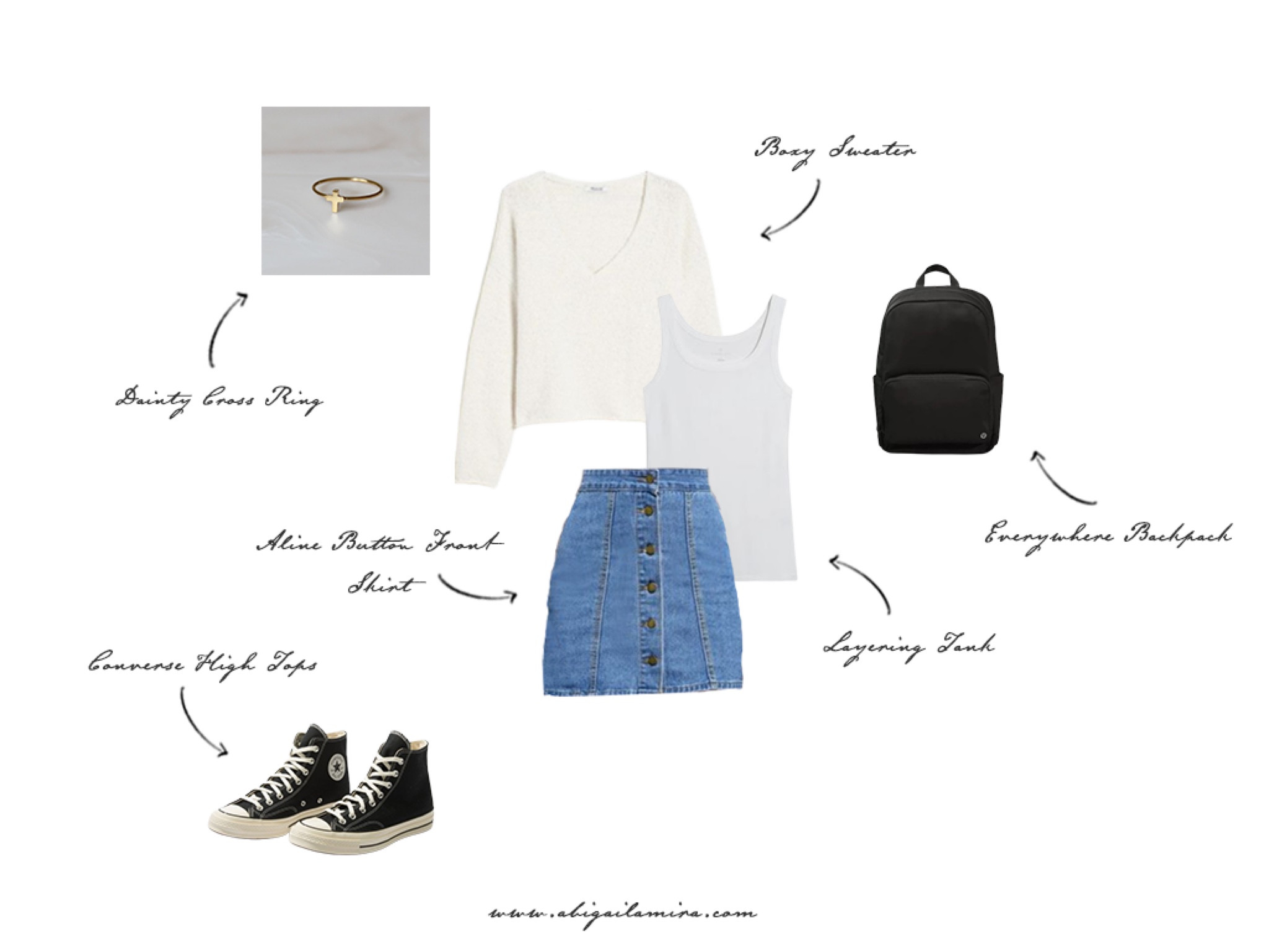 This is the perfect first-day-of-school outfit! The white tank and boxy sweater are layered over an aline button-front skirt. Hightop Converse shoes and one of my favorite everywhere backpacks keep the outfit from looking too sweet, and the dainty cross ring finishes the whole look.


#LTKSummerSales #LTKSeasonal #LTKStyleTip