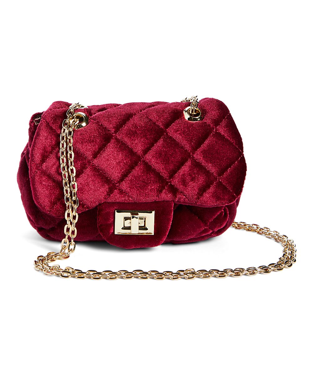 Frills du Jour Girls' Handbags BURGUNDY - Burgundy Quilted Velvet Crossbody Bag | Zulily