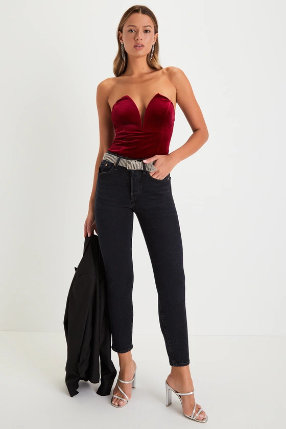 Babe Alert Wine Red Velvet Notched Strapless Bodysuit | Lulus (US)