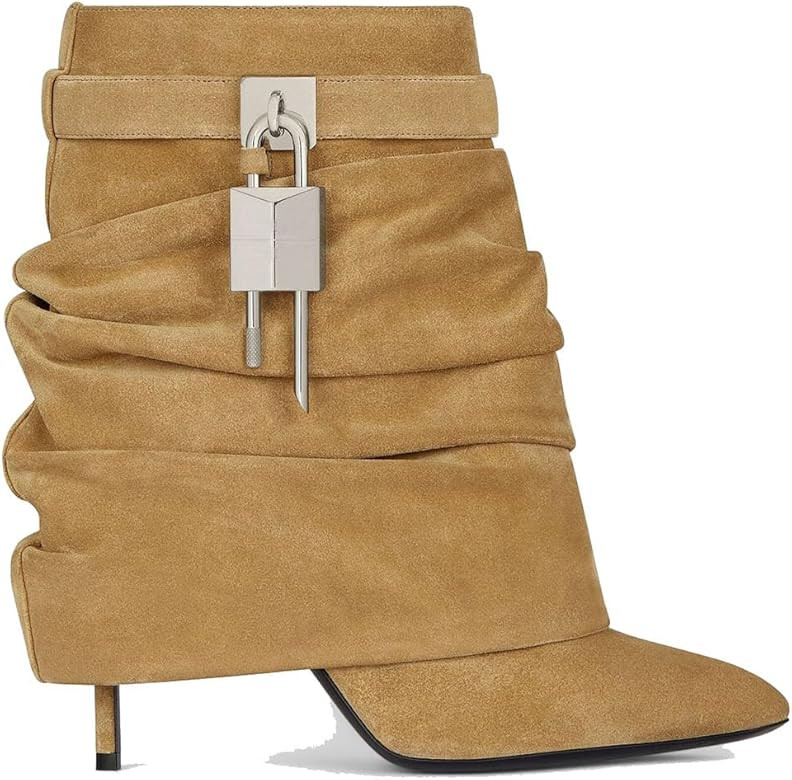 Amazon.com | THESHY Women's Fold Over Stiletto Ankle Boots Pointed Toe Lock Mid Calf Shark Bootie... | Amazon (US)