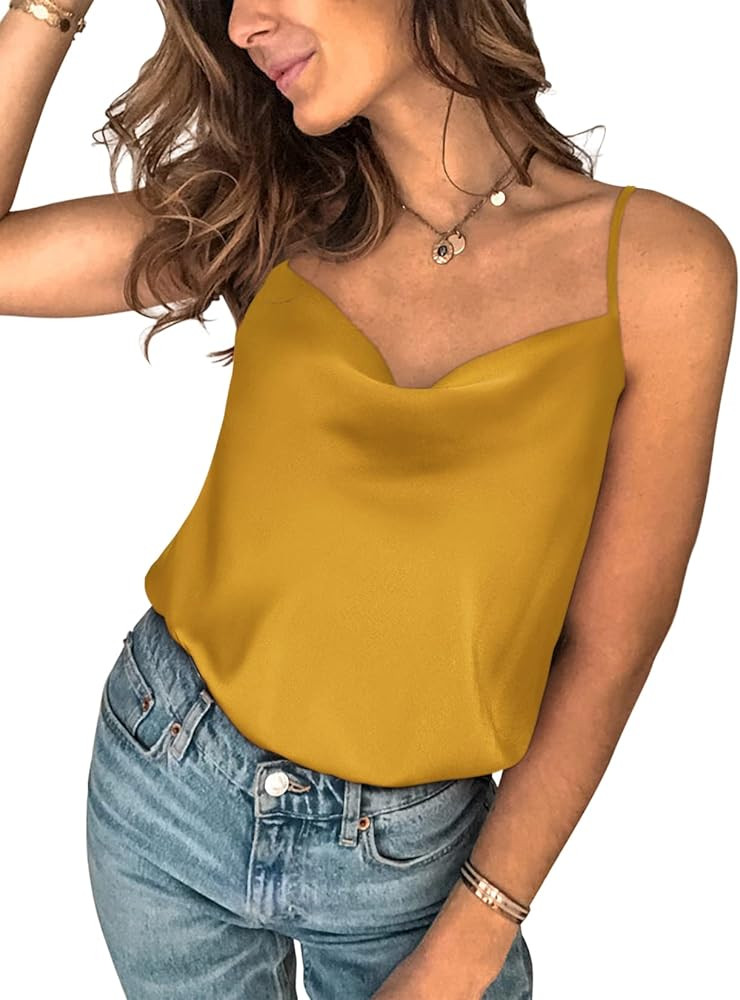 Saslax Satin Drape Cowl Neck Sleeveless Spaghetti Strap Cami Backless Bodysuit Tank Tops | Amazon (US)