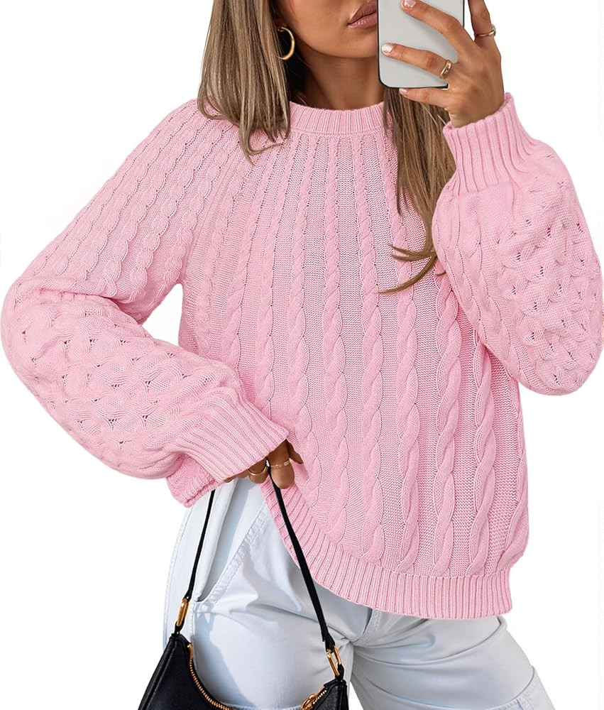 MEROKEETY Women's Fall Cable Knit Sweater 2025 Fashion Warm Crew Neck Lantern Sleeve Chunky Winte... | Amazon (US)