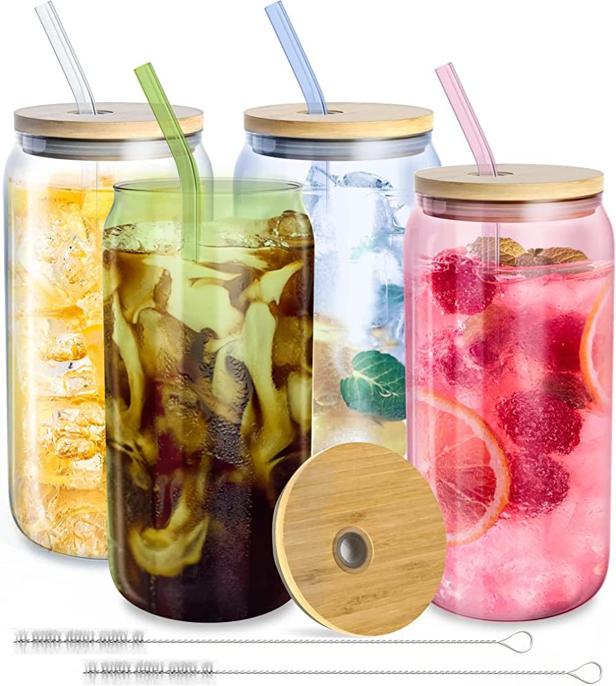 4 Glass Cups With Lids and Straws - Drinking Glasses, Glass Coffee Cups, Glass Tumbler With Lid A... | Amazon (US)