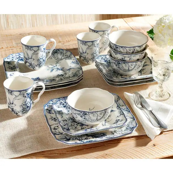 222 Fifth Adelaide 16-Piece Porcelain Dinnerware Set, Blue | Bed Bath & Beyond