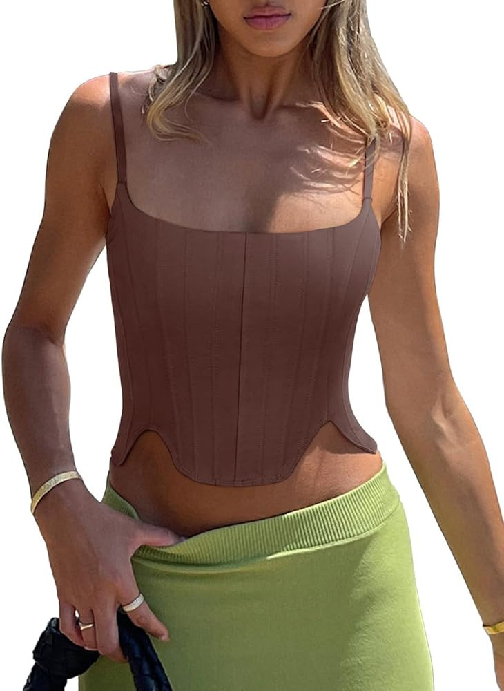 REORIA Women's Sexy Square Neck Trendy Sleeveless Adjustable Spaghetti Strap Corset Tank Crop Top... | Amazon (US)