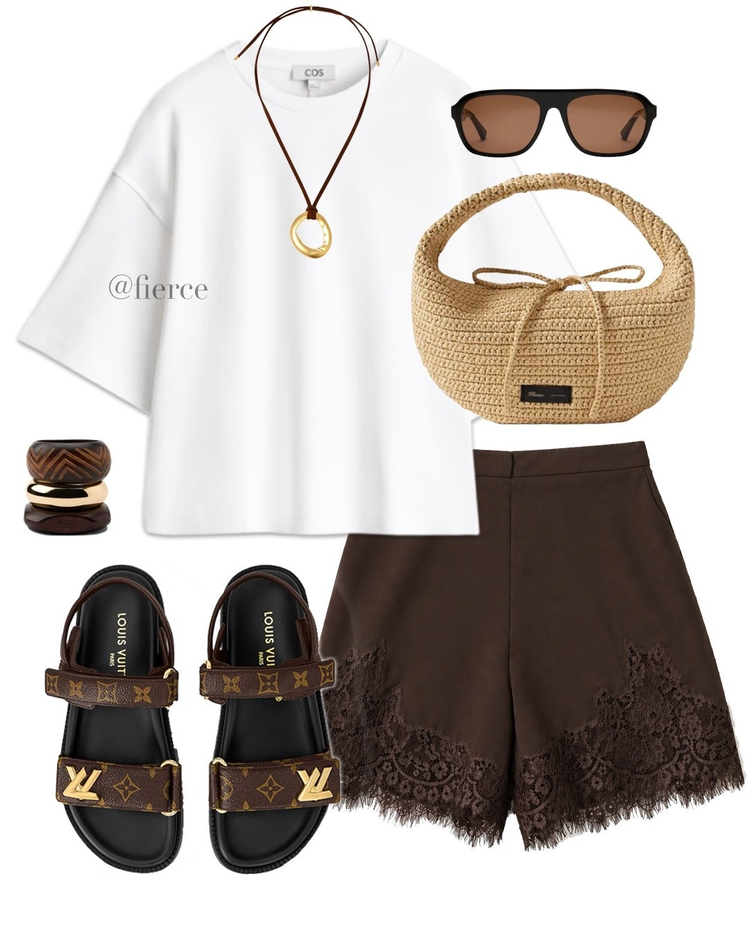 Chocolate brown satin lace shorts Louis Vuitton sandals raffia mini bag oversized white tshirt 

#LTKspring #LTKsummer #LTKuk